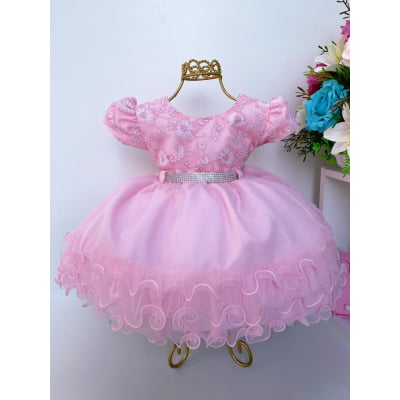 Vestido Infantil Rosa Batizado Renda Cinto Strass e Babados