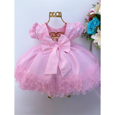Vestido Infantil Rosa Batizado Renda Cinto Strass e Babados