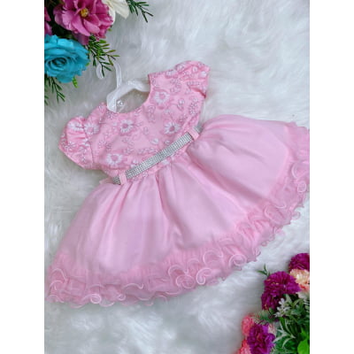 Vestido Infantil Rosa Batizado Renda Cinto Strass e Babados