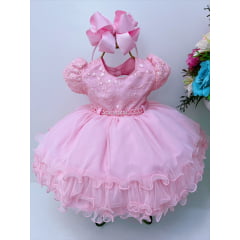 Vestido Infantil Rosa C/ Renda e Strass Pérolas Baby