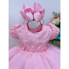 Vestido Infantil Rosa C/ Renda e Strass Pérolas Baby