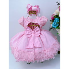 Vestido Infantil Rosa C/ Renda e Strass Pérolas Baby