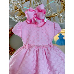 Vestido Infantil Rosa Claro Busto Com Strass Babados Batizado