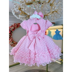 Vestido Infantil Rosa Claro Busto Com Strass Babados Batizado