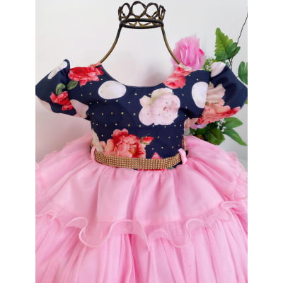 Vestido Infantil Rosa Floral Azul Marinho Babados Strass