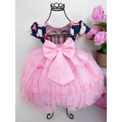 Vestido Infantil Rosa Floral Azul Marinho Babados Strass