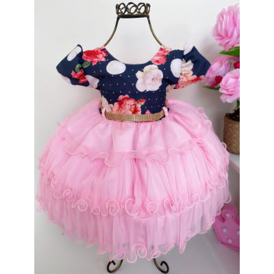 Vestido Infantil Rosa Floral Azul Marinho Babados Strass