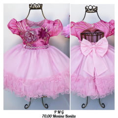Vestido Infantil Rosa Rendado e Babados Luxo Cinto Pérolas