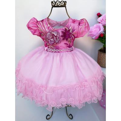 Vestido Infantil Rosa Rendado e Babados Luxo Cinto Pérolas