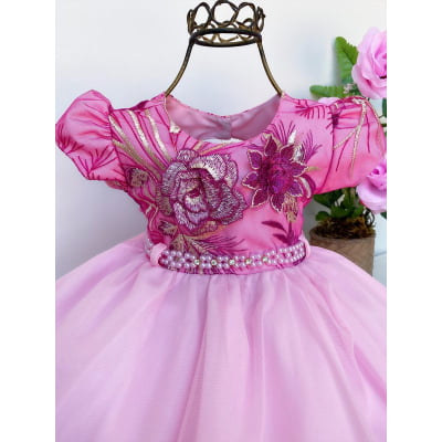 Vestido Infantil Rosa Rendado e Babados Luxo Cinto Pérolas
