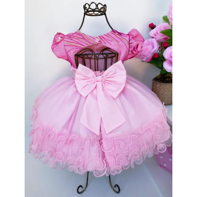 Vestido Infantil Rosa Rendado e Babados Luxo Cinto Pérolas