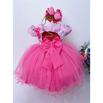 Vestido Infantil Rosa Saia Pink Florido Batizado Bebê Strass