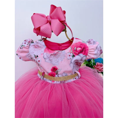 Vestido Infantil Rosa Saia Pink Florido Batizado Bebê Strass