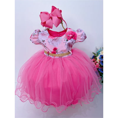 Vestido Infantil Rosa Saia Pink Florido Batizado Bebê Strass