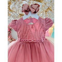 Vestido Infantil Rose Busto Com Renda e Pérolas Batizados