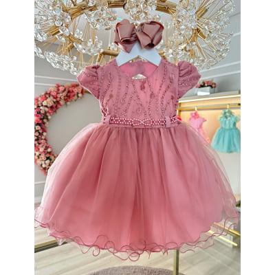 Vestido Infantil para Bebês Rose Busto Com Renda e Pérolas Batizados