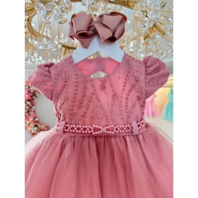 Vestido Infantil para Bebês Rose Busto Com Renda e Pérolas Batizados