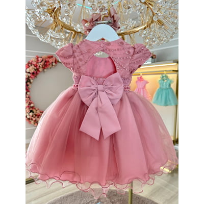 Vestido Infantil para Bebês Rose Busto Com Renda e Pérolas Batizados