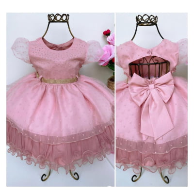 Vestido Infantil Rosê Luxo Babados Cinto Strass