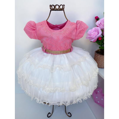 Vestido Infantil Salmão e Saia Off White Babados Cinto Stras