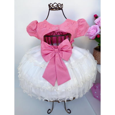 Vestido Infantil Salmão e Saia Off White Babados Cinto Stras