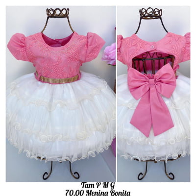 Vestido Infantil Salmão e Saia Off White Babados Cinto Stras