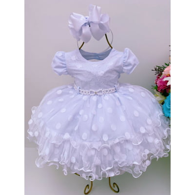 Vestido Infantil Tule Babado Bolas Branco