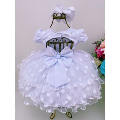 Vestido Infantil Tule Babado Bolas Branco