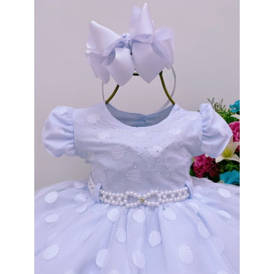 Vestido Infantil Tule Babado Bolas Branco