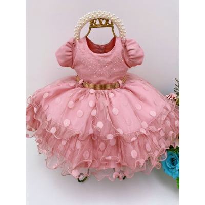 Vestido Infantil Tule Babado Bolas Rosê