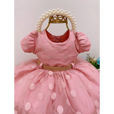 Vestido Infantil Tule Babado Bolas Rosê