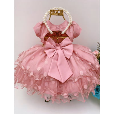 Vestido Infantil Tule Babado Bolas Rosê