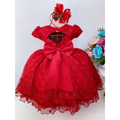 Vestido Infantil Tule e Babado Bolas Vermelho