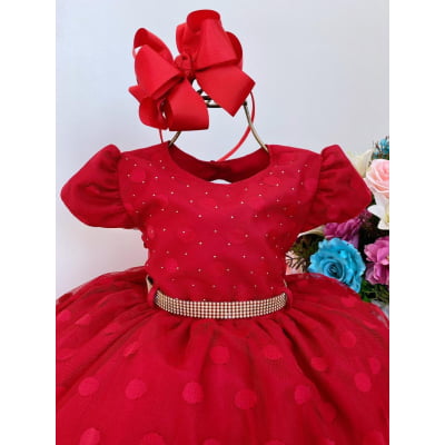 Vestido Infantil Tule e Babado Bolas Vermelho