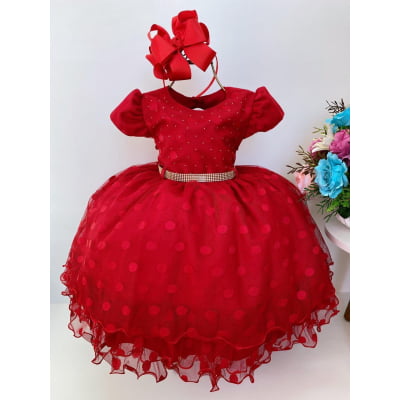 Vestido Infantil Tule e Babado Bolas Vermelho