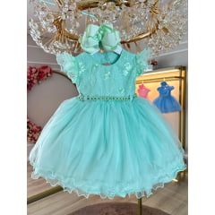 Vestido Infantil Verde Busto Com Renda e Strass Batizados