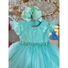 Vestido Infantil Verde Busto Com Renda e Strass Batizados