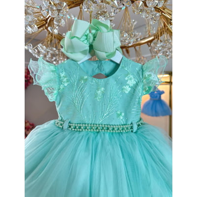 Vestido Infantil Verde Busto Com Renda e Strass Batizados