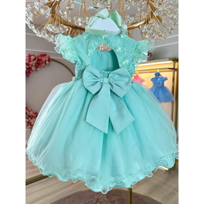 Vestido Infantil Verde Busto Com Renda e Strass Batizados