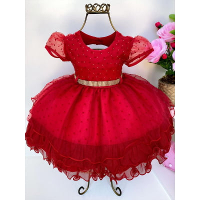 Vestido Infantil Vermelho Brilho Luxo Cinto Strass Princesas