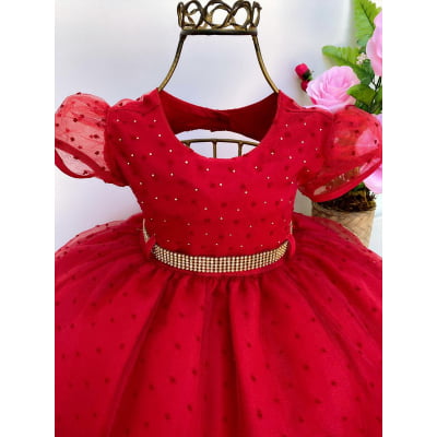 Vestido Infantil Vermelho Brilho Luxo Cinto Strass Princesas