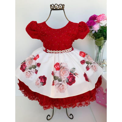 Vestido Infantil Vermelho Floral Luxo Princesas Pérolas