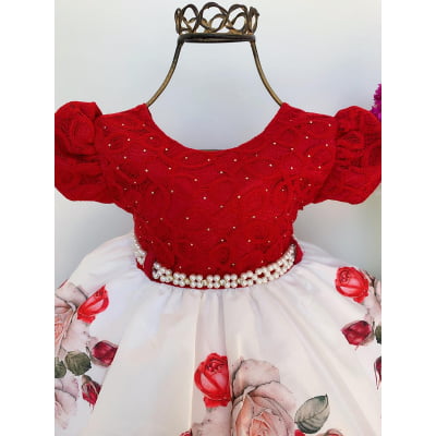 Vestido Infantil Vermelho Floral Luxo Princesas Pérolas