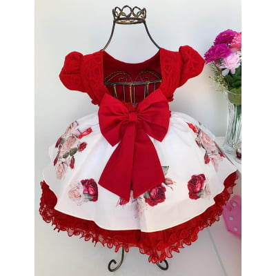 Vestido Infantil Vermelho Floral Luxo Princesas Pérolas