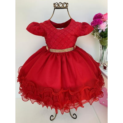 Vestido Infantil Vermelho Luxo Princesas Babados e Strass