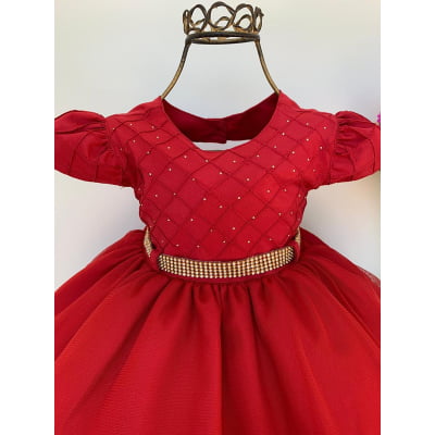 Vestido Infantil Vermelho Luxo Princesas Babados e Strass