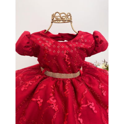 Vestido Infantil Vermelho Renda e Babados Luxo Strass