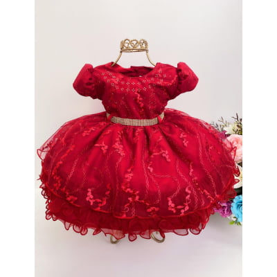 Vestido Infantil Vermelho Renda e Babados Luxo Strass