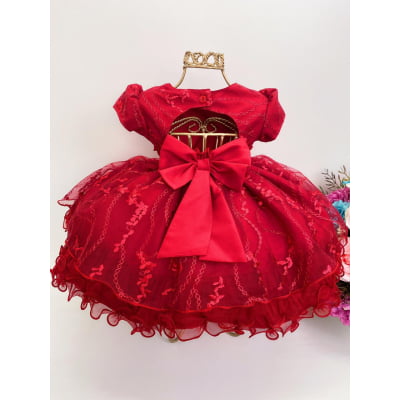 Vestido Infantil Vermelho Renda e Babados Luxo Strass
