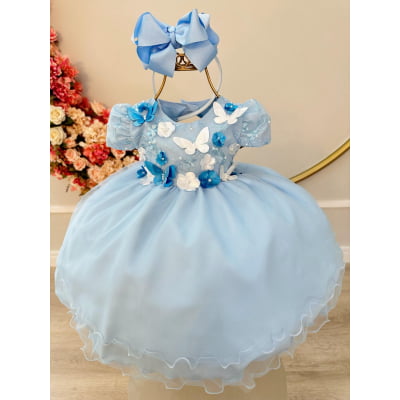 Vestido Infantil Bebê Azul C/ Renda Jardim Encantado Festa